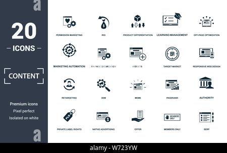 Content icon set. Contain filled flat members only, native advertising, off-page optimization, pagerank, private label rights, responsive web design Stock Vector