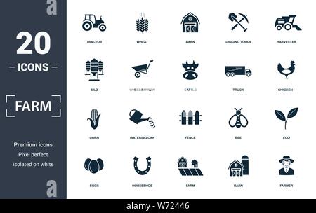 Farm icon set. Contain filled flat tractor, barn, harvester, wheelbarrow, truck, corn, fence icons. Editable format Stock Vector