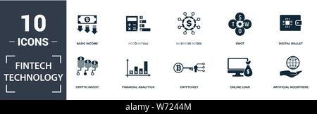 Fintech Technology icon set. Contain filled flat basic income, financial analytics, online loan, artificial noosphere, business model, swot, crypto Stock Vector