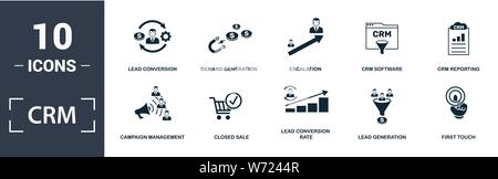 Crm icon set. Contain filled flat campaign management, closed sale, crm reporting, crm software, demand generation, escalation, lead conversion, lead Stock Vector