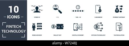 Fintech Technology icon set. Contain filled flat robo-advisor, tax regulation, kyc, payment gateway, digital economy, e-business icons. Editable Stock Vector