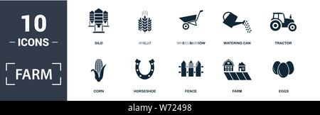 Farm icon set. Contain filled flat tractor, wheat, silo, wheelbarrow, corn, watering can, eggs, horseshoe icons. Editable format Stock Vector