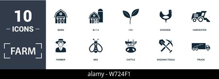 Farm icon set. Contain filled flat digging tools, harvester, truck, chicken, bee, eco icons. Editable format Stock Vector