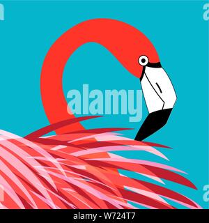 Bright illustration red portrait of a flamingo on a colored background. Flamingo design poster. Stock Vector