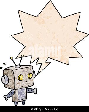 cute cartoon surprised robot with speech bubble in retro texture style Stock Vector