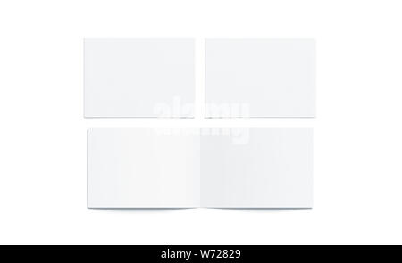 Blank white two folded wide booklet mock up, opened and closed, front and back side, top view, 3d rendering. Plain twofold brochures mockups set isola Stock Photo