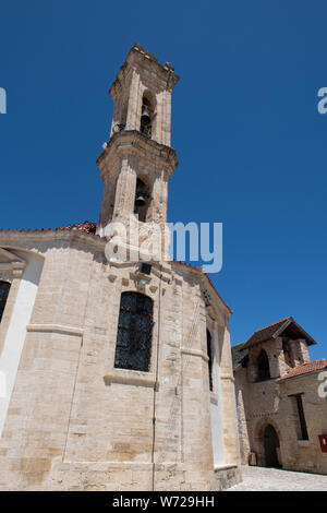 Cyprus, the quaint mountain village of Omodos (aka Omodhos) located in the Troödos Mountains. Historic Holy Cross Monastery. Stock Photo