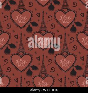 Chocolate Paris seamless pattern. Vector Eiffel tower with heart I love you. Sweet love texture Stock Vector
