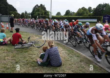 Surrey, UK. 04th Aug, 2019.   The peleton of cyclists racing in the Prudential Ride London/Surrey Classic for Pro riders round the bend outside Debies Vineyard in Dorking . Credit: Motofoto/Alamy Live News Stock Photo