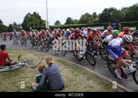 Surrey, UK. 04th Aug, 2019.   The peleton of cyclists racing in the Prudential Ride London/Surrey Classic for Pro riders round the bend outside Debies Vineyard in Dorking . Credit: Motofoto/Alamy Live News Stock Photo