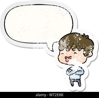 cartoon boy sticking out tongue with speech bubble distressed distressed old sticker Stock Vector