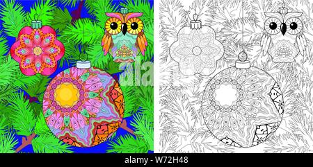 Christmas decorations with spruce branches zentangle styled with clean lines for decorations. Color and outline set Stock Vector