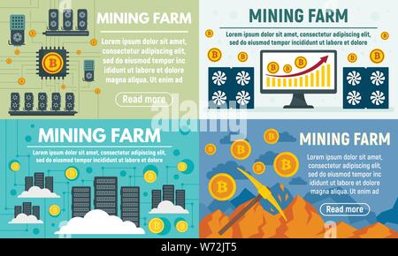Mining farm banner set. Flat illustration of mining farm vector banner set for web design Stock Vector