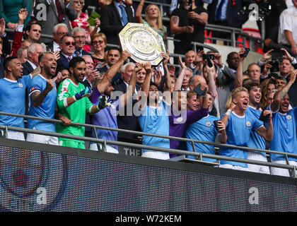 London, UK. 04th Aug, 2019. Manchester City lift the FA Community Shield after beating Liverpool on penalties at Wembley Stadium on August 4th 2019 in London, England. (Photo by John Rainford/phcimages.com) Credit: PHC Images/Alamy Live News Stock Photo