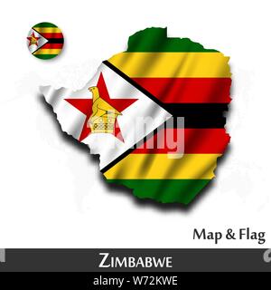 Zimbabwe map and flag . Waving textile design . Dot world map background . Vector . Stock Vector