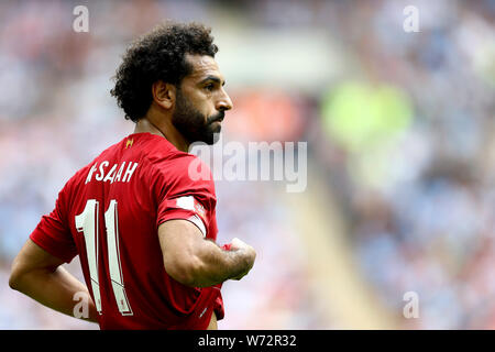 London, UK. 04th Aug, 2019. Mohamed Salah of Liverpool looks on. The FA Community Shield, Liverpool v Manchester City at Wembley Stadium in London on Sunday 4th August 2019. this image may only be used for Editorial purposes. Editorial use only, license required for commercial use. No use in betting, games or a single club/league/player publications . pic by Chris Stading/Andrew Orchard sports photography/Alamy Live news Credit: Andrew Orchard sports photography/Alamy Live News Stock Photo