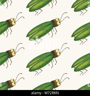 Seamless vector pattern with cute 3d firefly insect. Illustration with green garden .glowworm beetles on a white background. Stock Vector