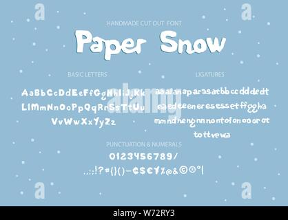 Handmade font, alphabet and symbols, paper craft design, cut out by scissors from paper. Vector illustration of latin letters with handmade texture. Stock Vector