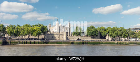 London / UK, July 15th 2019 - Tower of London view from the river Thames. The tower is one of the historic Royal palaces