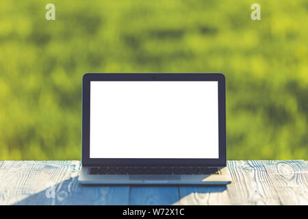 Modern laptop computer on wooden table and view of green field background in sunset time Stock Photo