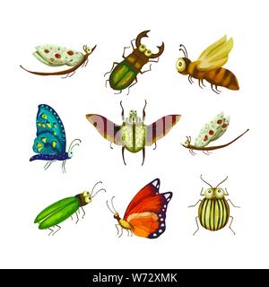 Vector Icon set with cute 3d insect. Illustration with a garden cartoon beetles on a white background. Nature collection. Stock Vector