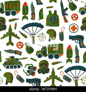 Military and army seamless pattern. Vector icon set with tank, parachute, helmet, gas mask, aircraft, binoculars, knife, gun, rocket, bullet and other Stock Vector