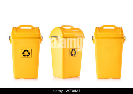 New yellow plastic trash with black recycle logo studio shot and isolated on white background Stock Photo