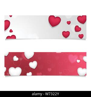 Red and grey abstract banners with hearts. St Valentines Day vector greeting cards Stock Vector