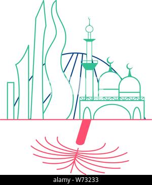 Outline icons style Dubai cityscape on a white background. Vector illustration in blue and red color Stock Vector