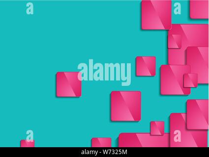 Pink glossy squares on turquoise background. Abstract trendy vector graphic design Stock Vector