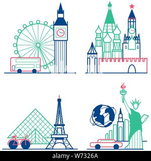 Travel icons set. Themed icons of London, Paris, New York and Moscow linear symbols collection. Showplace isolated vector illustration Stock Vector