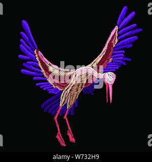 Embroidery stork soars with spread wings on a black background. Vector illustration Stock Vector