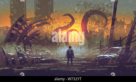 man looking at a tentacle monster that destroys the city, digital art style, illustration painting Stock Photo
