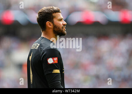 London, UK. 04th Aug, 2019. Alisson Becker of Liverpool seen during the 2019 FA Community Shield match between Liverpool and Manchester City at Wembley Stadium, London, England on 4 August 2019. Photo by Carlton Myrie. Editorial use only, license required for commercial use. No use in betting, games or a single club/league/player publications. Credit: UK Sports Pics Ltd/Alamy Live News Stock Photo