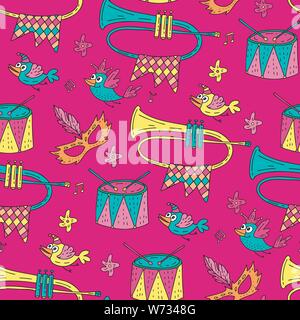 Seamless pattern with masquerade symbols. Mardi gras party vector illustration. Carnival card with doodle birds, trumpets, drums, masks and stars. Stock Vector