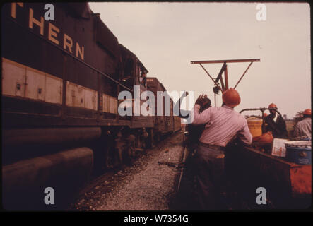 SOUTHERN RAILWAY RIGHT-OF-WAY WORK CREW, STOPS WORK TO LET A TRAIN PASS ON PARALLEL TRACKS. ON A GOOD DAY, WHEN THEY DON'T HAVE TO STOP TOO MANY TIMES FOR OTHER TRAINS, THEY CAN LAY SLIGHTLY LESS THAN TWO MILES OF QUARTER MILE LONG SECTIONS OF TRACK. IN 1974 SOUTHERN HAD AN AVERAGE OF FOUR CREWS NUMBERING 50 TO 55 MEN EACH WORKING ON THE SYSTEM'S 10,531 MILES OF TRACK. IN THAT YEAR THE COMPANY SPENT 18.6 PERCENT OF ITS REVENUE ON TRACK MAINTENANCE Stock Photo