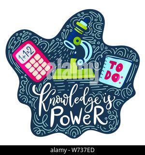 Vector school card with flat and doodle illustrations and hand drawn lettering quote, microscope and calculator. Back to school. Knowledge is power. Stock Vector