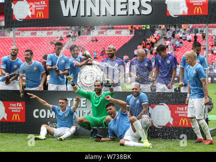 London, UK. 04th Aug, 2019. Manchester City are winners of the FA Community Shield match between Liverpool and Manchester City at Wembley Stadium on August 4th 2019 in London, England. (Photo by John Rainford/phcimages.com) Credit: PHC Images/Alamy Live News Stock Photo