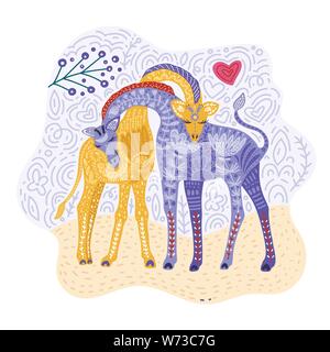 Cartoon giraffe vector flat illustration in scandinavian style. Giraffes couple in love. Stock Vector