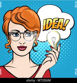 Bisiness woman Holds Light Bulb with Speech Bubble IDEA drawn in Pop Art Style. Vector illustration. Stock Vector