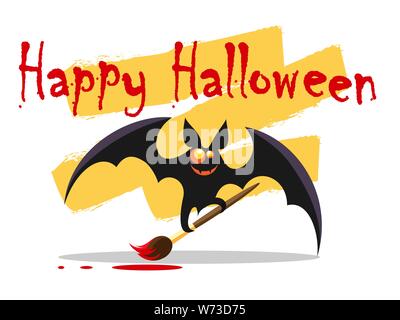 Emblem with Cute Bat holds paint brush and wording Happy Halloween. Vector illustration. Stock Vector