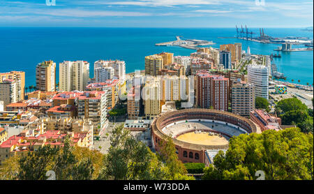 Panoramic sight in Malaga with the famous Plaza de Toros. Andalusia, Spain. Stock Photo