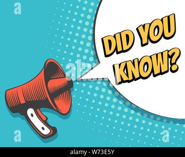Retro Megaphone with Did You Know speech bubble in pop art Style. Banner for business marketing and advertising. Vector illustration. Stock Vector