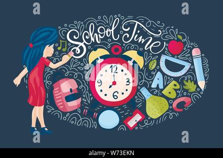 Vector school card with flat and doodle illustrations and hand drawn lettering quote. School time post card with girl, alarm clock and different suppl Stock Vector