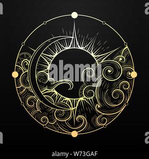 Golden Sun and Moon with Cloud Esoteric Symbol. Hand drawn element in tattoo style. Vector illustration. Stock Vector