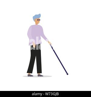 Blind man with stick and black glasses. Vector blind person, disabled walking, handicapped and disability illustration Stock Vector