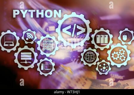 Python Programming Language on server room background. Programing workflow abstract algorithm concept on virtual screen Stock Photo