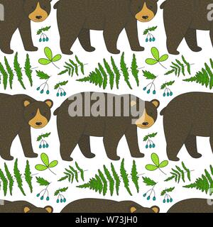 Seamless vector forest pattern with cute color illustrations. Wild grizzly bears in the forest. Stock Vector