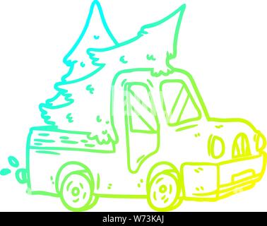 cold gradient line drawing of a pickup truck carrying christmas trees Stock Vector