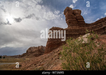 The Navajo Twins geologic formation, Twin Rocks Trading Post, Bluff, Utah, USA. Stock Photo